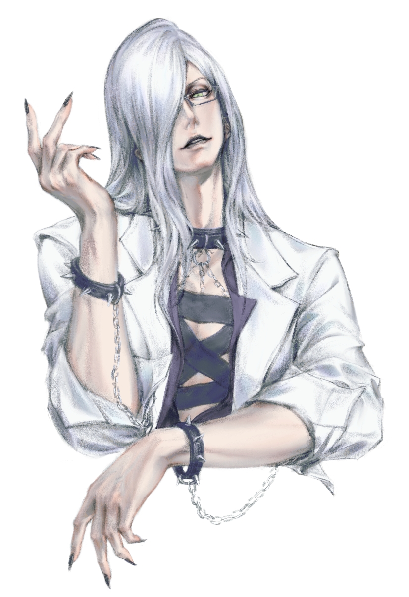 1boy, akechi_mitsuhide_(sengoku_basara), akechimekaede, black_lips, black_nails, bracelet, collar, cropped_torso