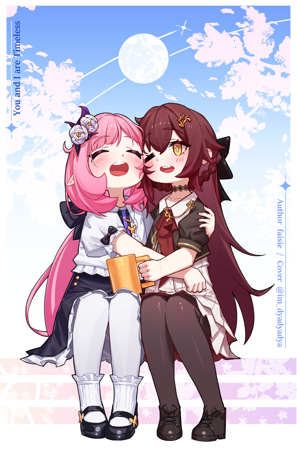 2girls, aged_down, black_capelet, black_footwear, black_pantyhose, black_ribbon, black_skirt, blue_sky