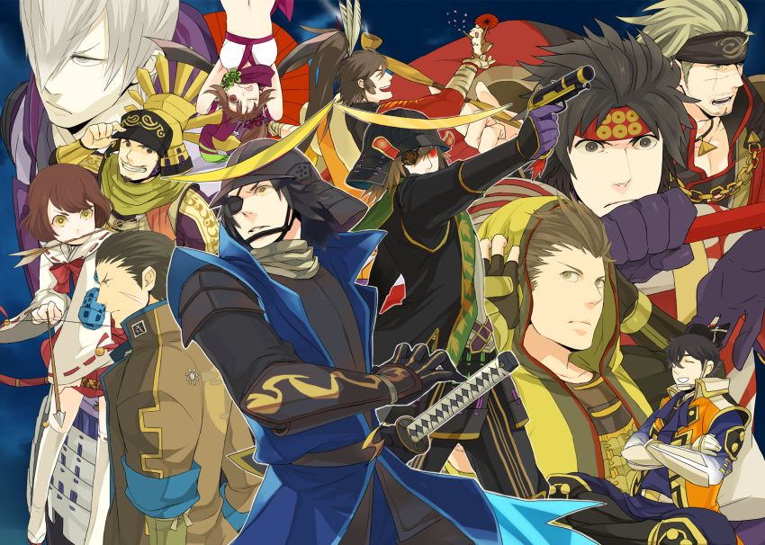 2girls, 5-502, 6+boys, :d, :q, ^_^, aiming, animal, armor, arrow_(projectile), arrow_in_mouth, beard_stubble, black_gloves, black_headband, blonde_hair, blue_background, brown_eyes, brown_hair, brown_jacket, closed_eyes, crossed_arms, crossover, date_masamune_(sengoku_basara), date_masamune_(sengoku_musou), eyepatch, facial_hair, fingerless_gloves, frown, gloves, goatee, grey_eyes, grin, gun, hair_over_one_eye, headband, helmet, highres, holding, holding_animal, hood, hood_up, houjou_ujiyasu_(sengoku_musou), ishida_mitsunari_(sengoku_basara), jacket, japanese_armor, kabuto_(helmet), katakura_kojuurou_(sengoku_basara), kunoichi_(sengoku_musou), long_hair, looking_ahead, looking_at_viewer, maeda_keiji_(sengoku_basara), male_focus, midriff, mouri_motonari_(sengoku_musou), mouth_hold, multiple_boys, multiple_girls, mustache_stubble, one_eye_closed, open_mouth, parted_lips, ponytail, purple_gloves, red_eyes, red_headband, sanada_yukimura_(sengoku_musou), scar, scar_across_eye, scar_on_face, scar_on_nose, sengoku_basara, sengoku_musou, short_hair, smile, stubble, tokugawa_ieyasu_(sengoku_basara), tongue, tongue_out, toyotomi_hideyoshi_(sengoku_musou), tsuruhime_(sengoku_basara), weapon, white_eyes, white_hair, yellow_eyes, yumekichi