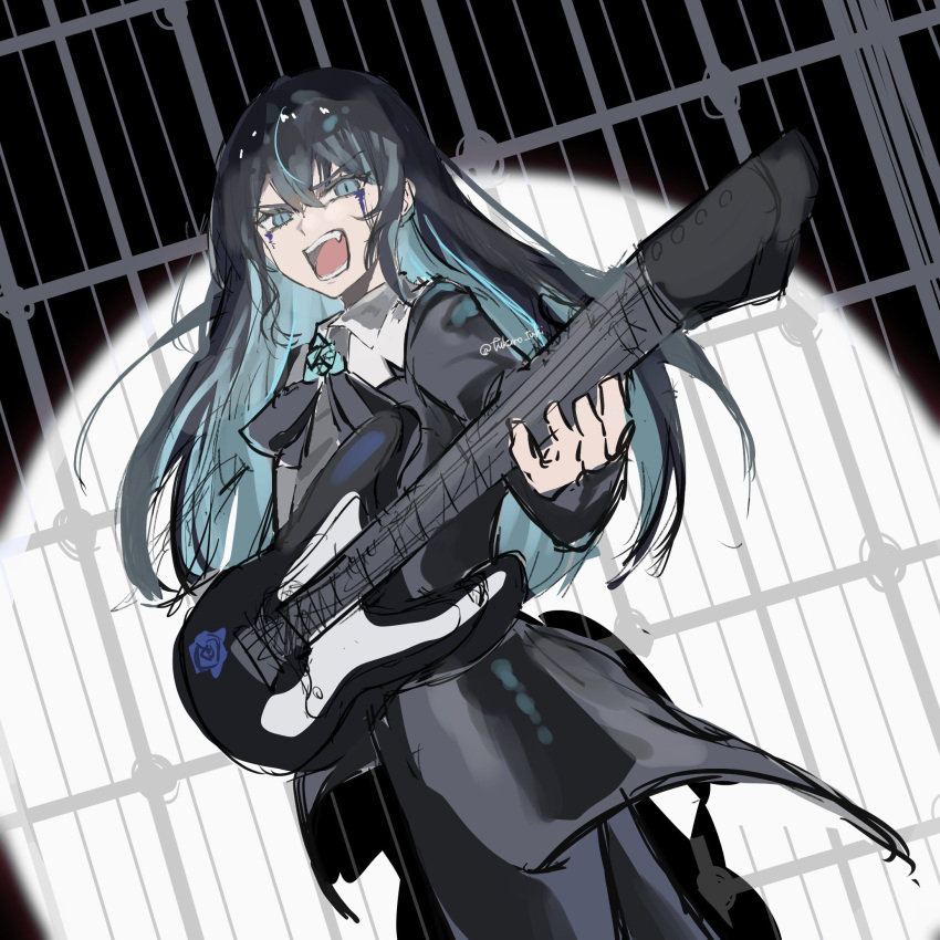 1girl, ado_(utaite), ado_box, black_coat, black_hair, black_pants, blue_eyes, blue_hair