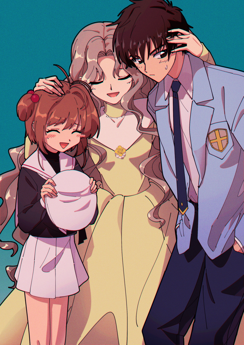 1boy, 2girls, absurdres, alt_text, brother_and_sister, brown_hair, cardcaptor_sakura, child
