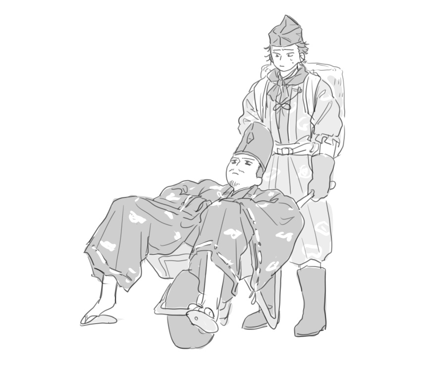 black_kimono, boots, cart, gloves, greyscale, hat, highres, houjou_yasutoki_(kamakura-dono_no_13-nin)