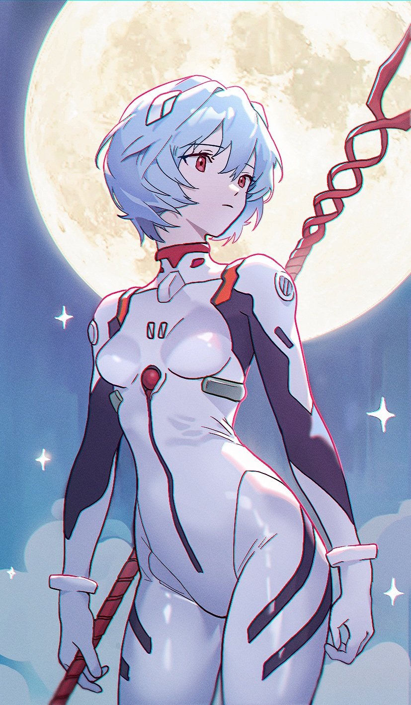1girl, ayanami_rei, blue_background, blue_hair, bodysuit, breasts, closed_mouth, commentary_request, cowboy_shot, full_moon, hair_ornament, highres, holding, holding_polearm, holding_weapon, korean_commentary, lance_of_longinus_(evangelion), looking_afar, looking_to_the_side, moon, neon_genesis_evangelion, polearm, red_eyes, short_hair, small_breasts, solo, standing, weapon, white_bodysuit, yuna_4568
