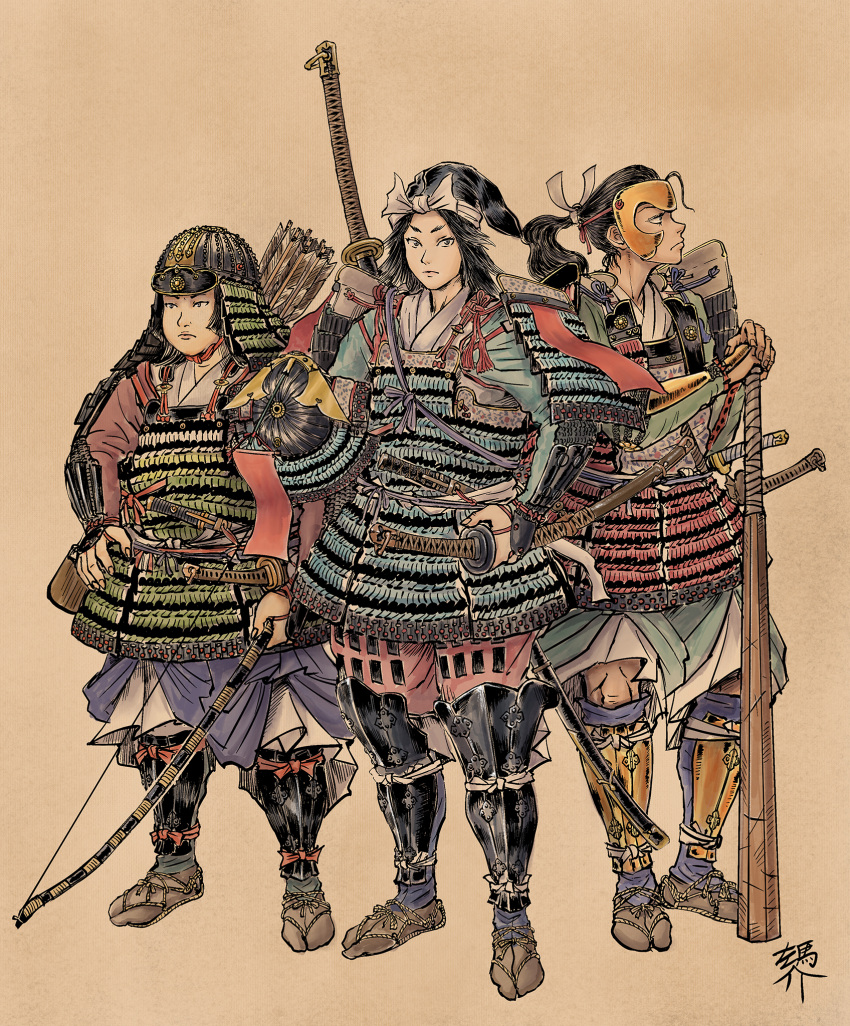 3girls, armor, arrow_(projectile), black_hair, club_(weapon), happuri_(forehead_armor), hat, helmet, highres, hikitate-eboshi_(hat), holding, holding_helmet, holding_weapon, japanese_armor, kabuto_(helmet), kanabou, long_hair, looking_at_viewer, multiple_girls, ootachi, ponytail, samanokami0122, short_sword, sword, tachi_(weapon), tagme, tantou, weapon, yumi_(bow)