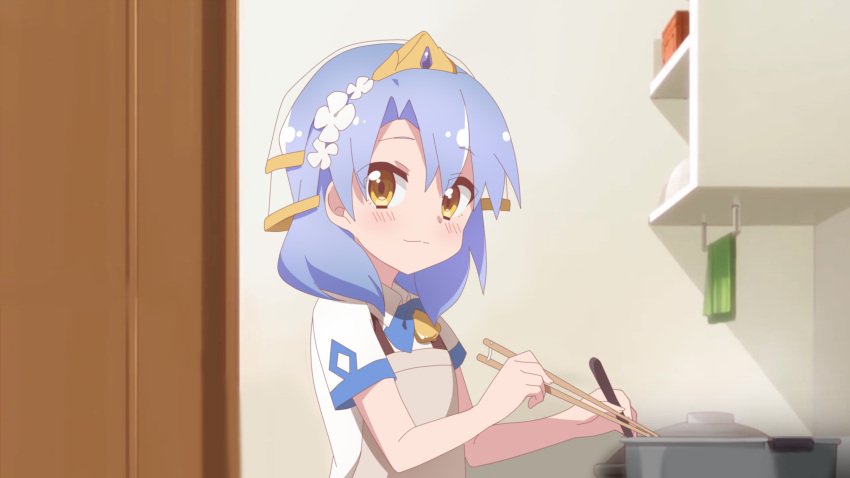 absurdres, apron, blue_hair, blush, chopsticks, cooking, door, flower