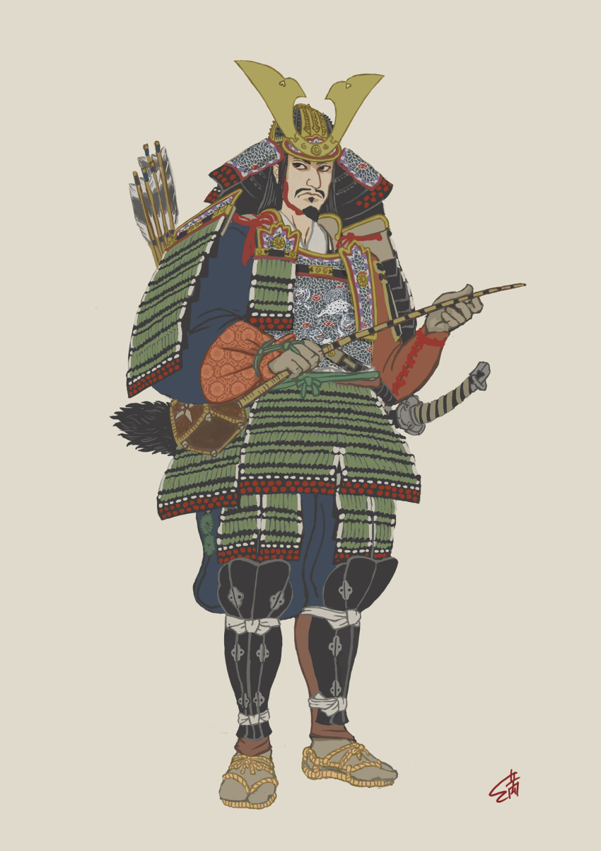 armor, arrow_(projectile), ashikaga_tadayoshi, facial_hair, green_armor, helmet, highres, japanese_armor