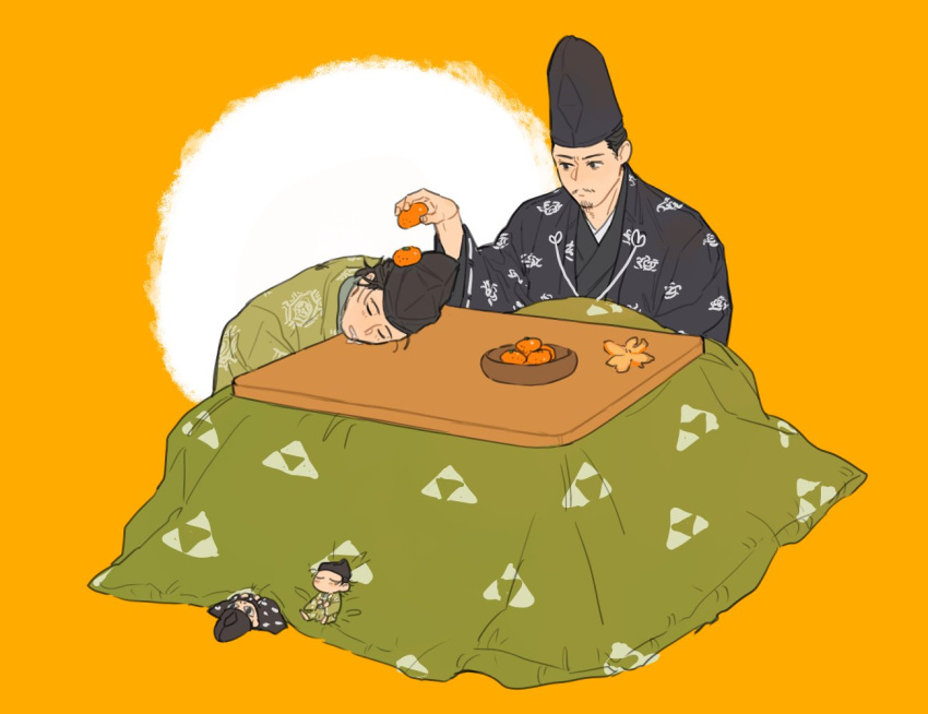 2boys, black_kimono, facial_hair, food, fruit, goatee, hat, houjou_yasutoki_(kamakura-dono_no_13-nin)