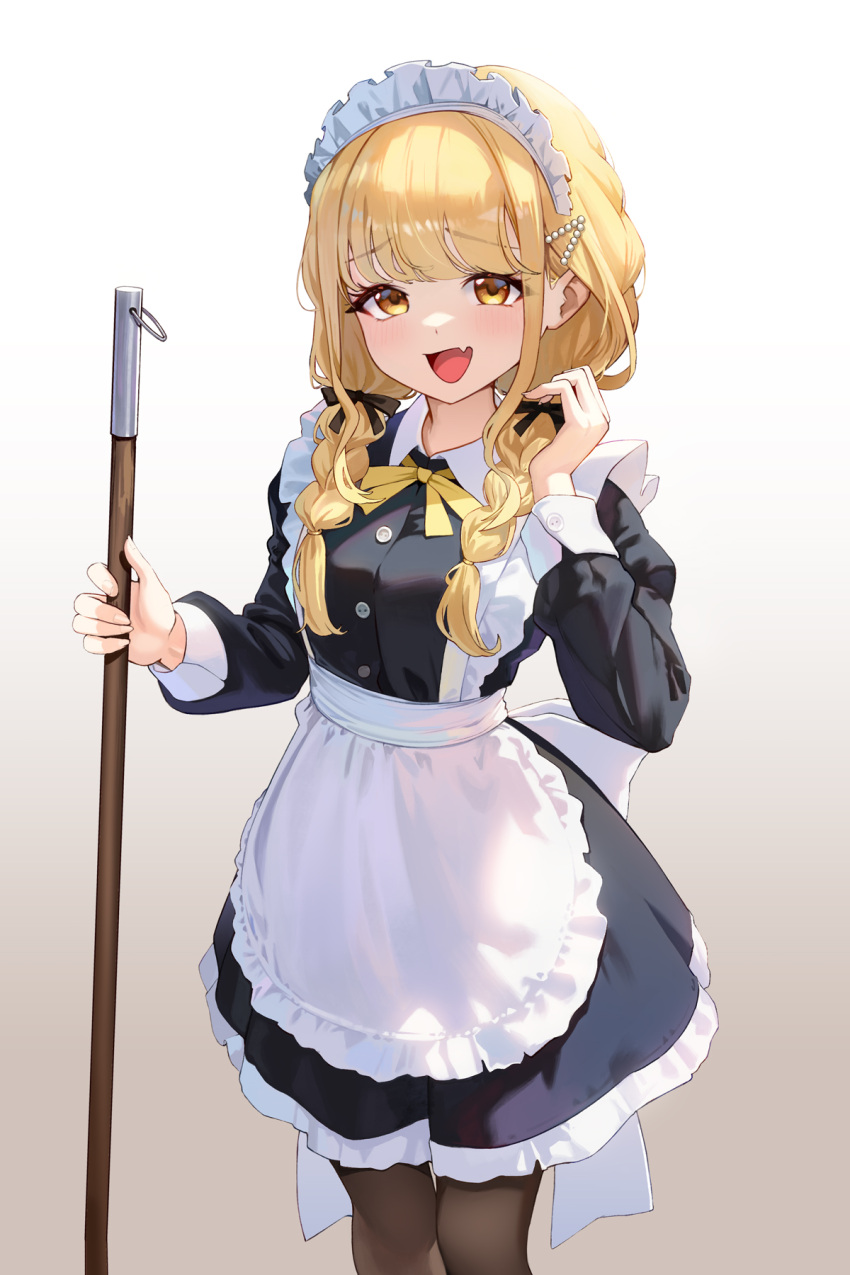 1girl, alternate_costume, apron, black_dress, black_pantyhose, black_ribbon, blonde_hair, blush