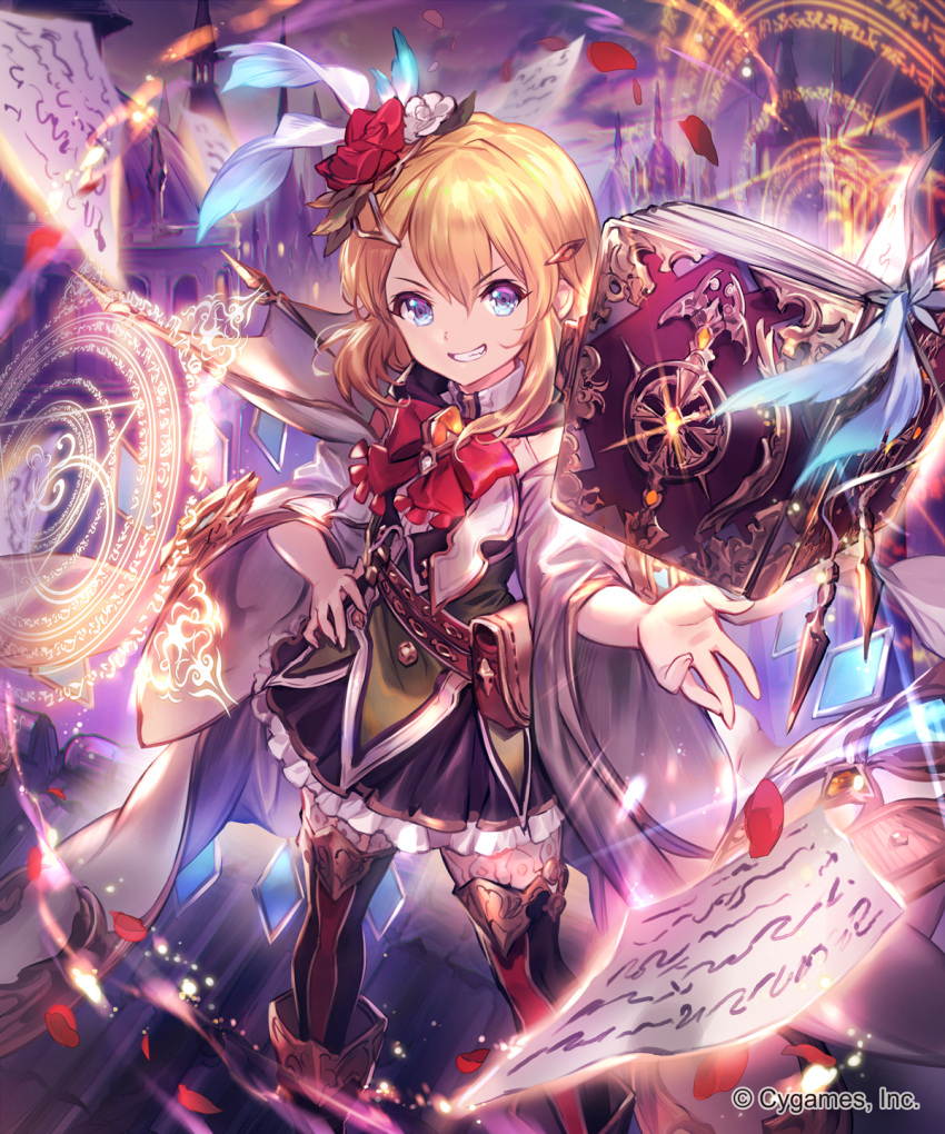 1girl, black_footwear, black_skirt, black_thighhighs, blonde_hair, blue_eyes, book, boots, bow, coat, commentary_request, company_name, eleanor_(shadowverse), falling_petals, feet_out_of_frame, flat_chest, floating, floating_book, floating_object, flower, frilled_skirt, frills, from_above, green_shirt, grin, hair_between_eyes, hair_flower, hair_ornament, hand_on_own_hip, hand_up, highres, jewelry, lee_hyeseung, looking_at_viewer, magic, magic_circle, medium_hair, miniskirt, multicolored_clothes, official_art, outdoors, petals, pleated_skirt, pouch, red_bow, red_flower, rooftop, shadowverse, shirt, skirt, smile, solo, standing, teeth, thigh-highs, white_coat, wide_sleeves