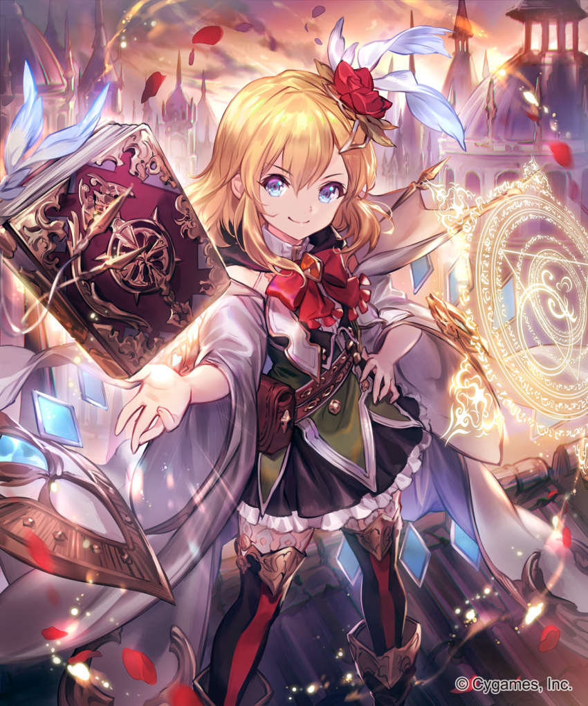 1girl, black_footwear, black_skirt, black_thighhighs, blonde_hair, blue_eyes, book, boots