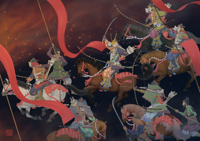 armor, arrow_(projectile), banner, black_background, fire, firing, genpei_kessen, haramaki