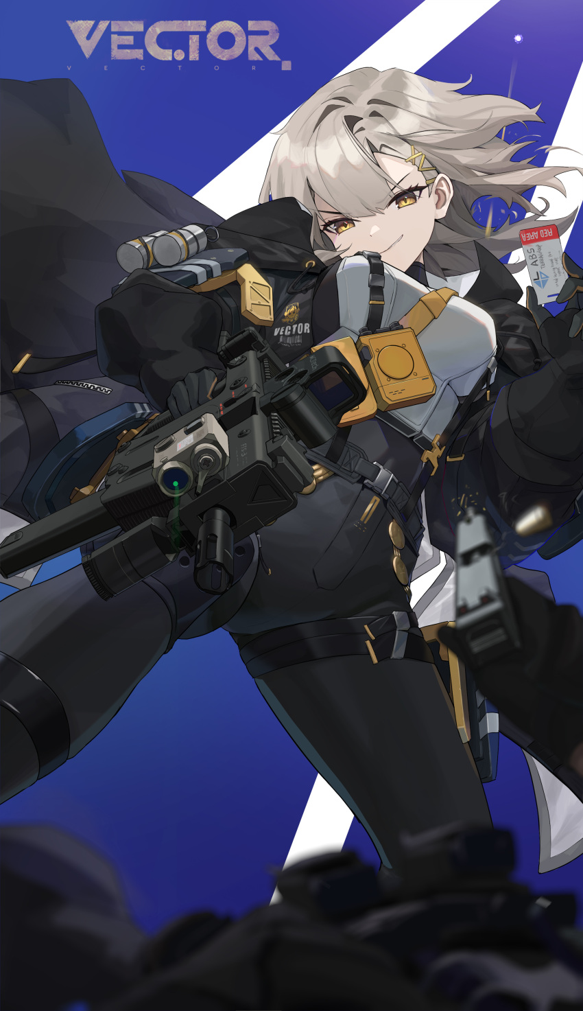 1girl, 1other, absurdres, black_coat, black_pants, blue_background, character_name, chinese_commentary, coat, commentary, commentary_request, english_text, escape_from_tarkov, firing, girls'_frontline_2:_exilium, girls_frontline, glock, grey_hair, gun, handgun, haohaomaster, highres, holding, holding_gun, holding_key, holding_weapon, key, keycard, kriss_vector, laser, looking_at_viewer, open_clothes, open_coat, orange_eyes, pants, parted_lips, pov, pov_hands, short_hair, smile, submachine_gun, vector_(girls'_frontline), vest, weapon, white_vest