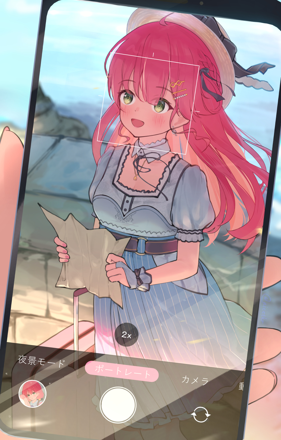 1girl, 1other, ahoge, aisu_(aicetkr), belt, black_belt, blue_skirt, blush