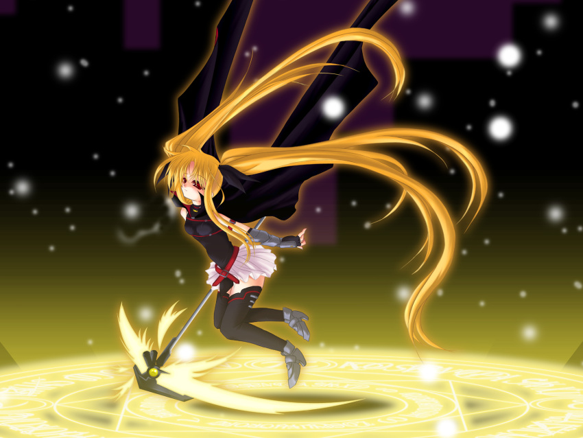 blonde_hair, cape, energy_blade, fate_testarossa, gloves, highres, long_hair, magic_circle