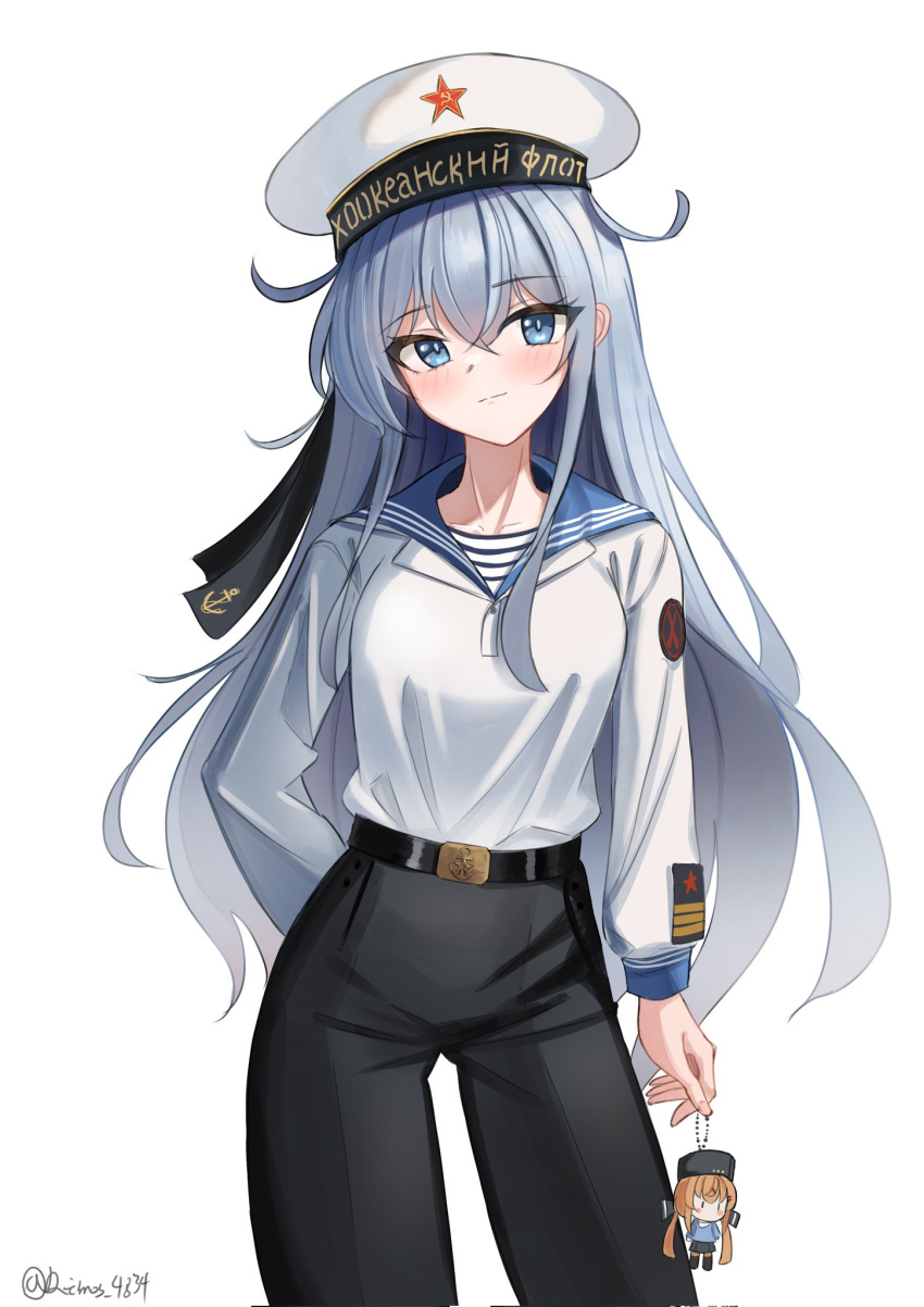 1girl, alternate_costume, black_pants, blue_eyes, blue_sailor_collar, character_doll, dimos_(dawn_1945), grey_hair