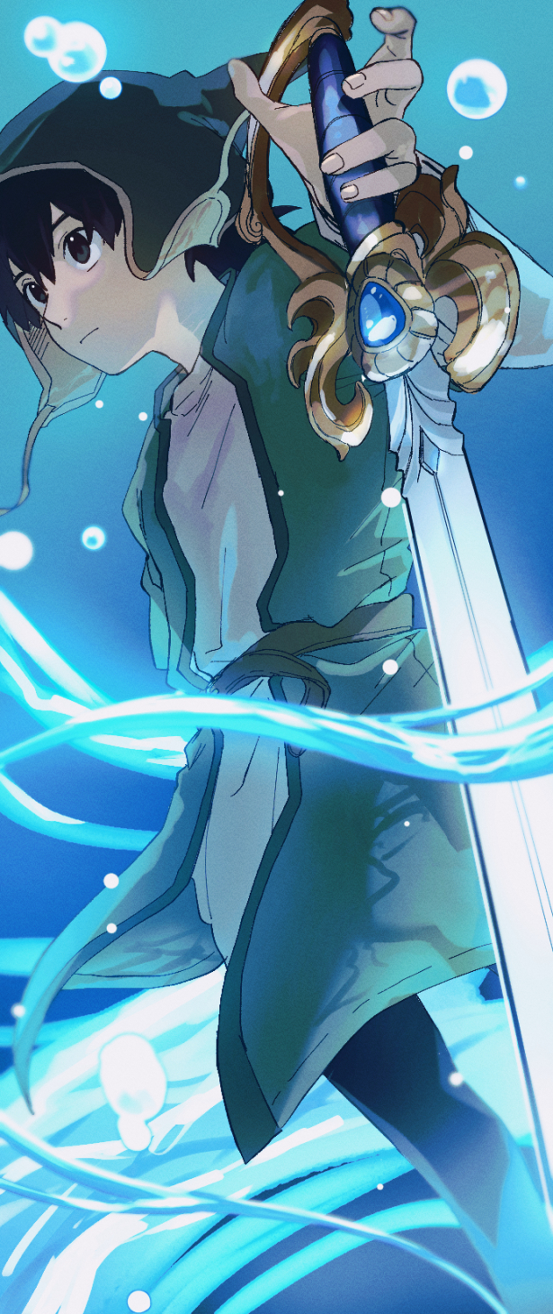 1boy, black_eyes, black_hair, black_pants, blue_background, bubble, closed_mouth, commentary_request