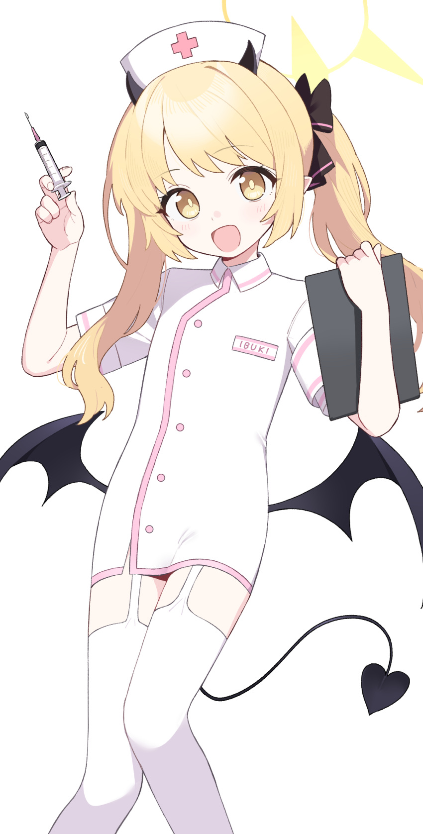 1girl, :d, alternate_costume, arm_up, billbung, black_bow, black_horns, black_tail