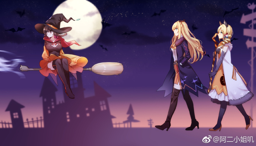 3girls, aer_(tengqiu), alternate_costume, animal_ears, black_footwear, black_hair, blonde_hair, boots