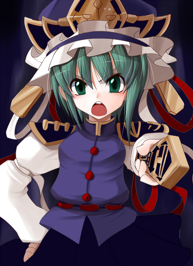 blush, doburoku, doburoku_(daiginjou), green_eyes, green_hair, hair_bobbles, hair_ornament, hat