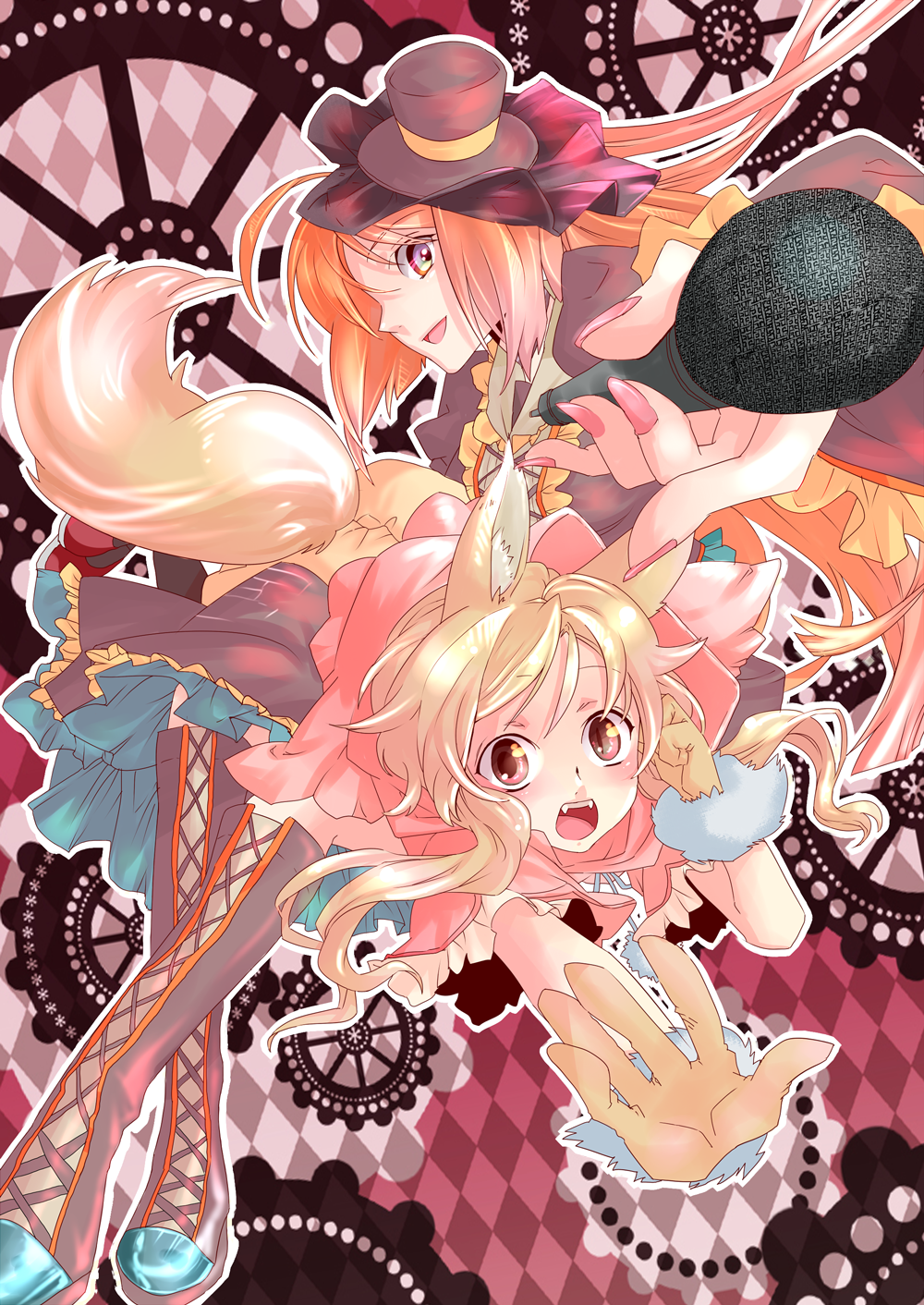 boots, fangs, hat, highres, lolita_fashion, long_hair, microphone, mini_top_hat