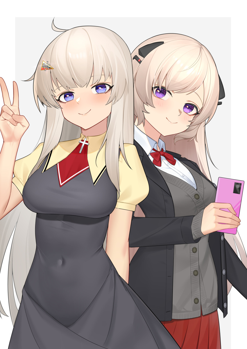 1437823832, 2girls, absurdres, ak74m_(girls'_frontline), alternate_costume, black_dress, blazer, blonde_hair, blue_eyes, bow, bowtie, collared_shirt, covered_navel, cross, dress, g3_(girls'_frontline), girls_frontline, hair_ornament, highres, holding, holding_phone, jacket, long_hair, multiple_girls, phone, pleated_skirt, red_bow, red_bowtie, red_skirt, school_uniform, shirt, skirt, smile, v, vest, violet_eyes, white_hair, white_shirt