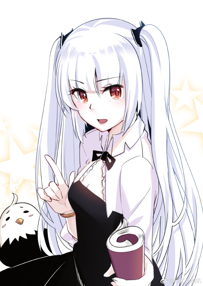 1girl, :d, absurdres, aer_(tengqiu), alternate_costume, bird, black_bow, black_dress, blunt_bangs, blush, book, bow, breasts, collared_shirt, dress, essex_(warship_girls_r), hair_between_eyes, hair_ornament, highres, holding, holding_book, index_finger_raised, long_hair, long_sleeves, looking_at_viewer, open_mouth, red_eyes, shirt, small_breasts, smile, solo, star_(symbol), twintails, two_side_up, very_long_hair, warship_girls_r, weibo_logo, weibo_watermark, white_hair, white_shirt