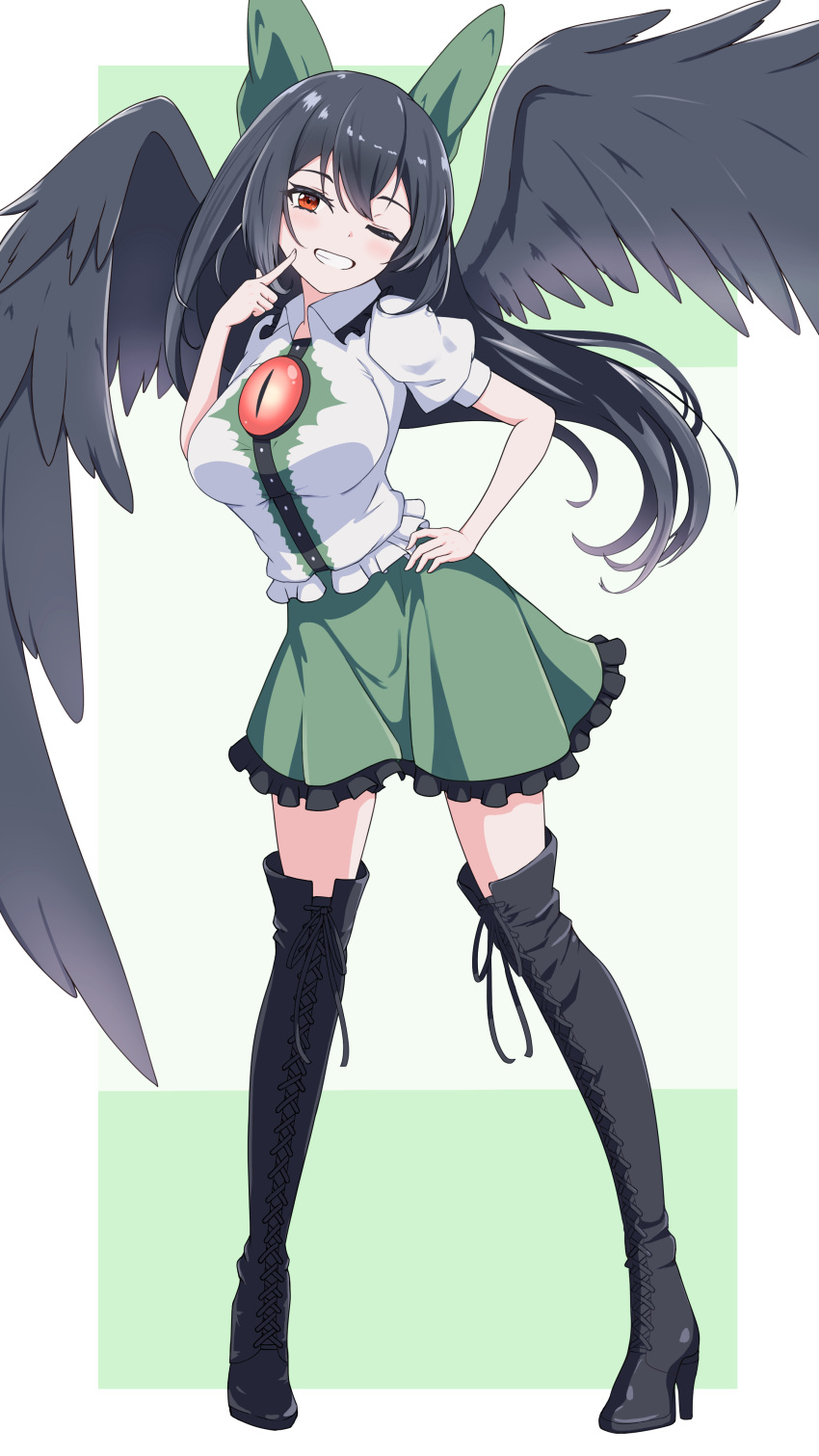 1girl, absurdres, black_footwear, black_hair, black_wings, boots, bow, feathered_wings