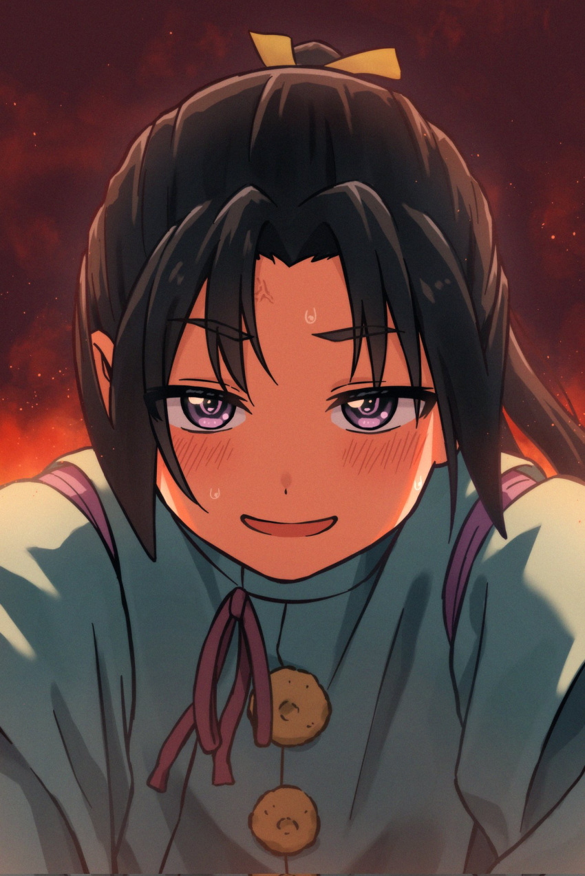 1boy, :d, anger_vein, black_hair, blush, bow, fire, highres, houjou_tokiyuki_(nige_jouzu_no_wakagimi), japanese_clothes, kiminagi_ryu, long_hair, looking_at_viewer, male_focus, nige_jouzu_no_wakagimi, open_mouth, ponytail, pov, smile, solo, sweat, very_long_hair, violet_eyes
