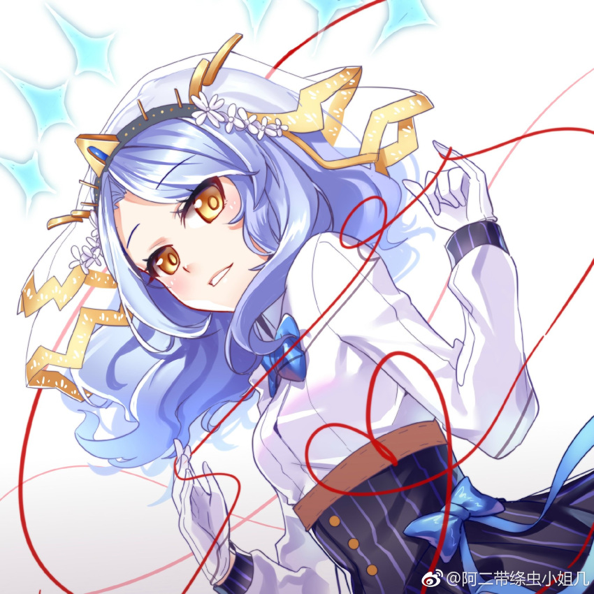 1girl, aer_(tengqiu), blue_hair, bow, bridal_veil, flower, gloves, hair_flower