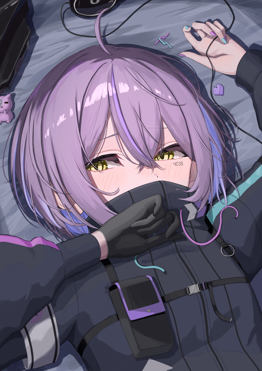 1girl, absurdres, ahoge, armband, black_gloves, black_jacket, blush, breast_pocket