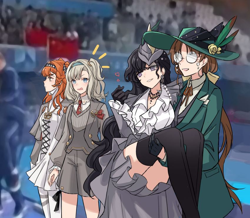 2024_summer_olympics, 4girls, black_footwear, black_gloves, black_hair, blue_eyes, blue_hairband, boots