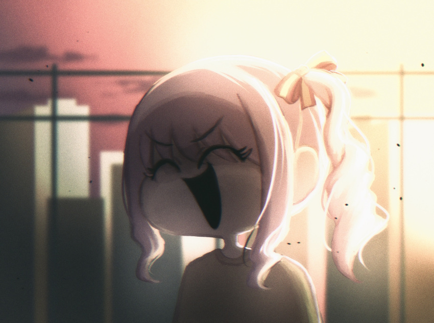 1other, ^_^, akiyama_mizuki, androgynous, blinding_light, bloom, cityscape, closed_eyes
