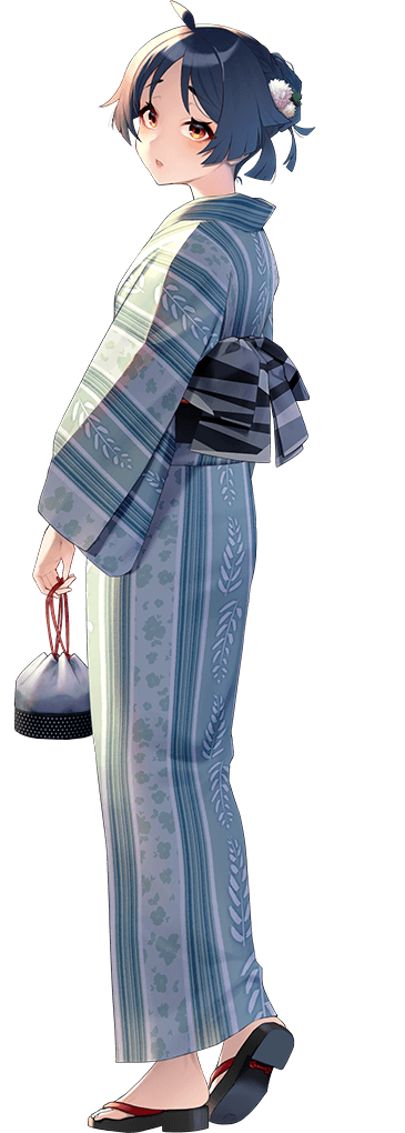 1girl, akasaka_yuzu, aqua_kimono, bag, black_hair, brown_eyes, full_body, geta, hair_ornament, hairclip, heian_maru_(kancolle), heian_maru_(yukata_mode)_(kancolle), japanese_clothes, kantai_collection, kimono, kinchaku, looking_at_viewer, looking_back, obi, official_alternate_costume, official_alternate_hairstyle, official_art, open_hand, open_mouth, pouch, sash, short_hair, solo, striped_clothes, striped_kimono, transparent_background, vertical-striped_clothes, vertical-striped_kimono, yukata