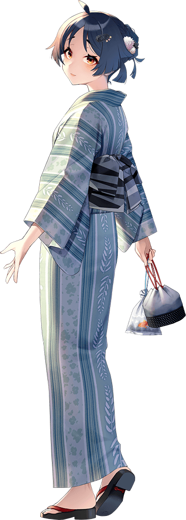1girl, akasaka_yuzu, aqua_kimono, bag, bagged_fish, black_hair, brown_eyes, fish, full_body, geta, goldfish, hair_ornament, hairclip, heian_maru_(kancolle), heian_maru_(yukata_mode)_(kancolle), japanese_clothes, kantai_collection, kimono, kinchaku, looking_at_viewer, looking_back, obi, official_alternate_costume, official_alternate_hairstyle, official_art, open_hand, pouch, sash, short_hair, smile, solo, striped_clothes, striped_kimono, transparent_background, vertical-striped_clothes, vertical-striped_kimono, yukata