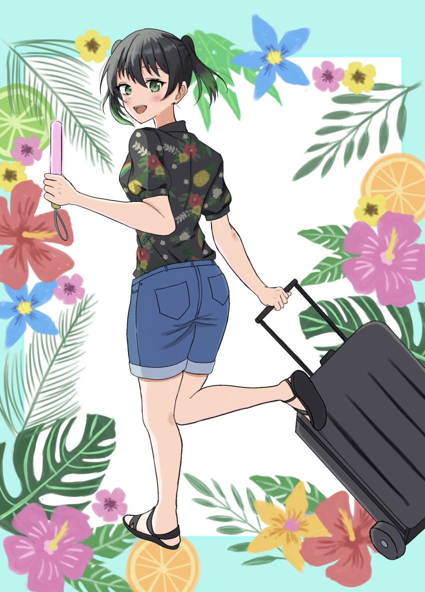 1girl, :d, black_footwear, black_hair, black_shirt, blue_border, blue_shorts, blush, border, collared_shirt, commentary, floral_background, floral_print, full_body, glowstick, gradient_hair, green_eyes, green_hair, hair_between_eyes, hawaiian_shirt, hibiscus_print, highres, holding, holding_glowstick, keitaro_tension, leg_up, looking_at_viewer, looking_back, love_live!, love_live!_nijigasaki_high_school_idol_club, medium_hair, multicolored_hair, official_alternate_costume, outside_border, penlight_(glowstick), pocket, print_shirt, puffy_short_sleeves, puffy_sleeves, rolling_suitcase, sandals, shirt, short_sleeves, shorts, smile, solo, standing, standing_on_one_leg, suitcase, takasaki_yu, teeth, twintails, two-tone_hair, upper_teeth_only, white_background