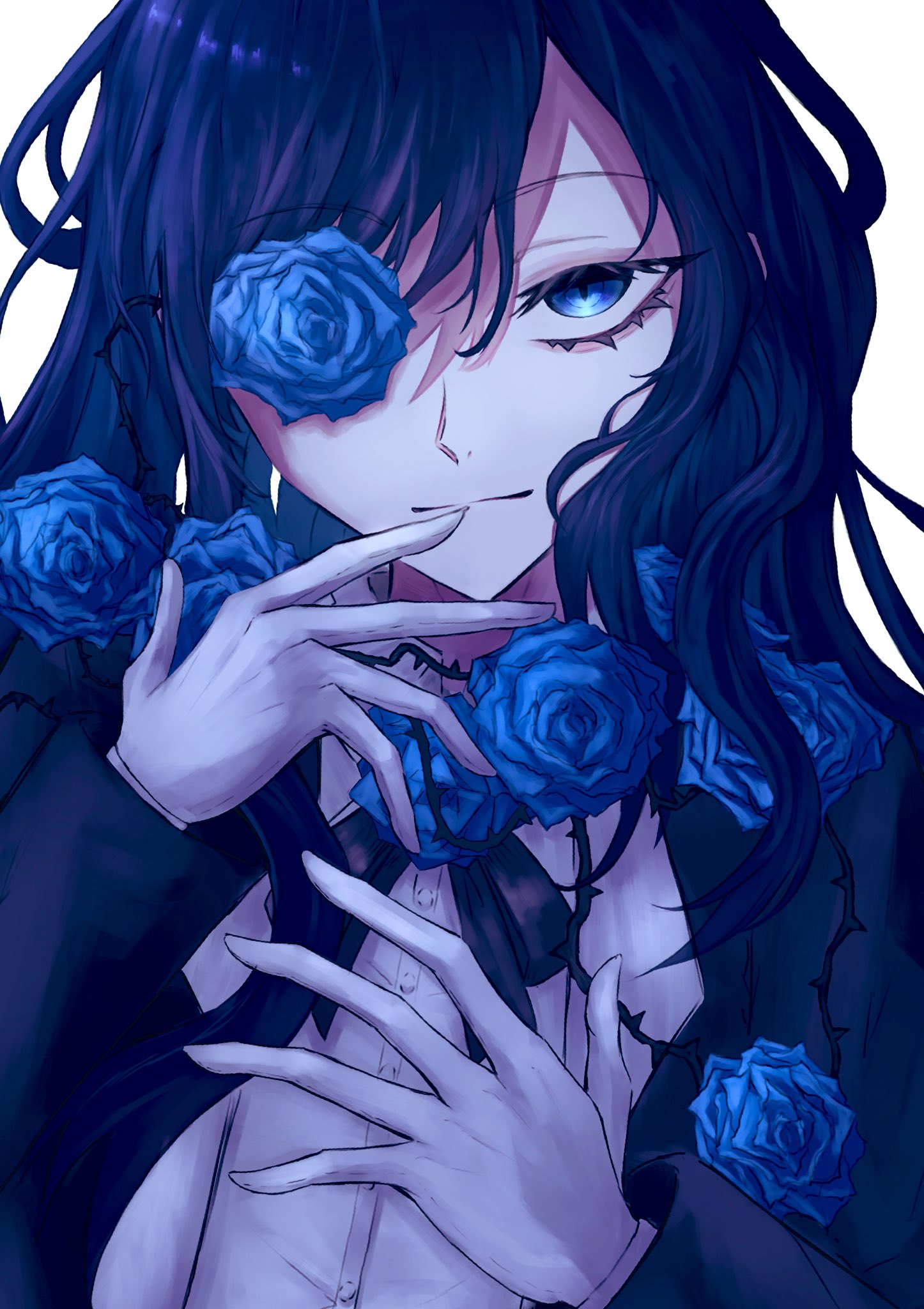 1girl, ado_(utaite), black_coat, black_ribbon, blue_eyes, blue_flower, blue_hair, blue_rose