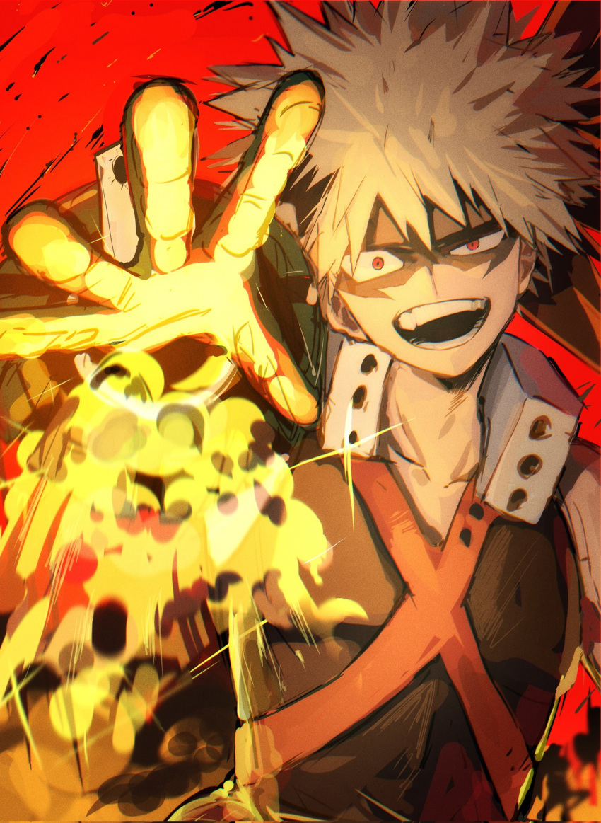 1boy, bakugou_katsuki, black_shirt, boku_no_hero_academia, chest_harness, collarbone, explosion, gloves