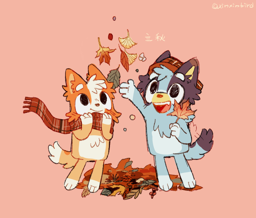 2girls, :d, autumn, autumn_leaves, bingo_heeler, bluey, bluey_heeler, furry, furry_female, haigui98540, highres, lofter_username, looking_at_leaf, multiple_girls, signature, smile, translated