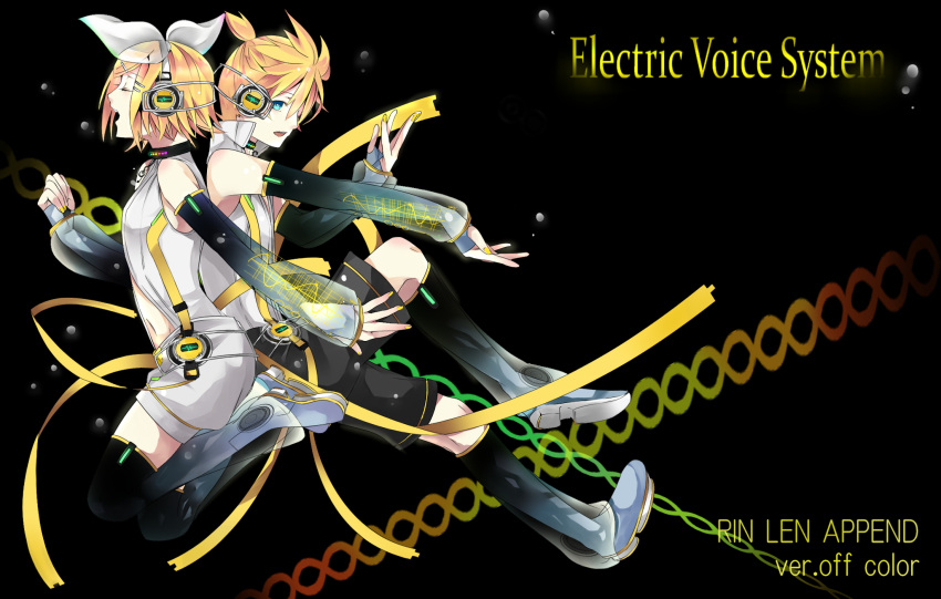 arm_warmers, blonde_hair, brother_and_sister, closed_eyes, detached_sleeves, eyes_closed, hair_ornament, hair_ribbon