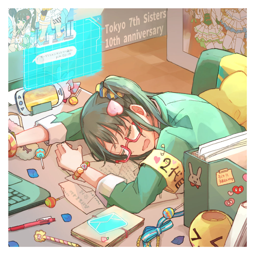 1girl, aoi_(kirameitetegomen), arm_on_table, armchair, blue_ribbon, blue_scrunchie, candy, chair