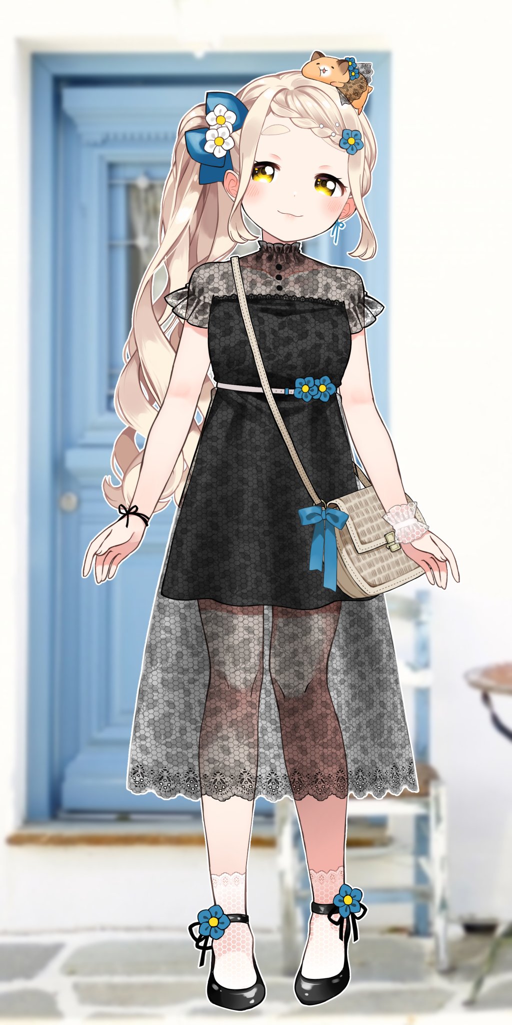 1girl, bag, bag_ribbon, belt, black_dress, black_footwear, black_ribbon, blonde_hair