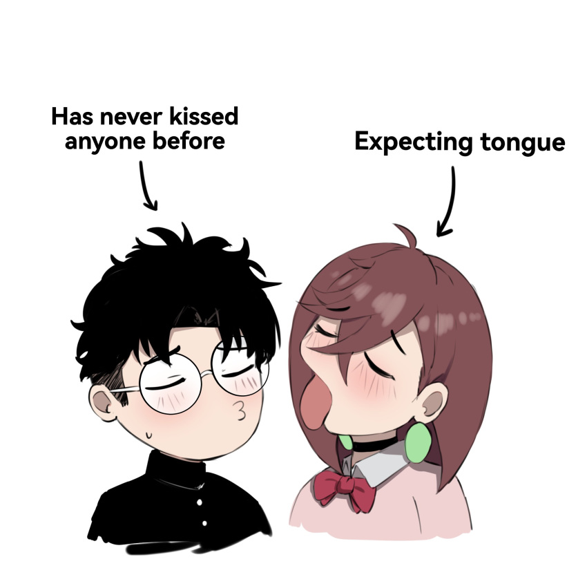 1boy, 1girl, arrow_(symbol), ayase_momo, black_choker, black_hair, blush, bow