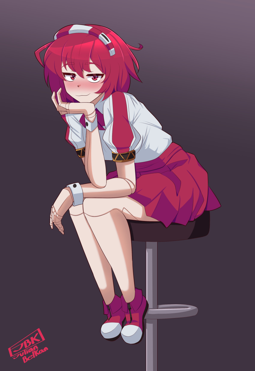 1girl, absurdres, android, artist_name, bar_stool, blush, bow, bowtie, closed_mouth, dorothy_haze, hairband, highres, joints, julian_belkan, looking_at_viewer, puffy_short_sleeves, puffy_sleeves, red_bow, red_eyes, red_footwear, red_skirt, redhead, robot_joints, shirt, short_hair, short_sleeves, sitting, skirt, smile, solo, stool, va-11_hall-a, white_shirt, wrist_cuffs