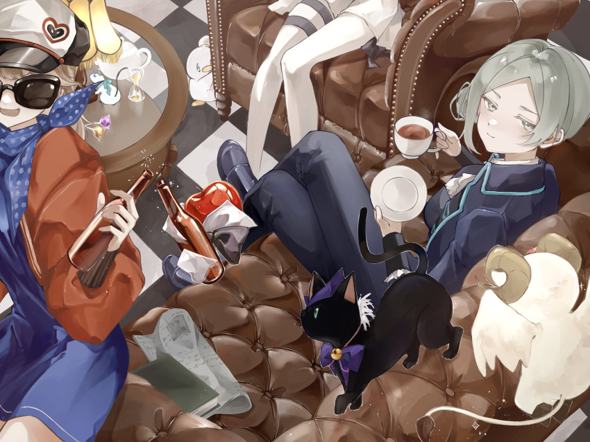 3girls, absurdres, animalization, apple, apple_(reverse:1999), ascot, bird, black_bow