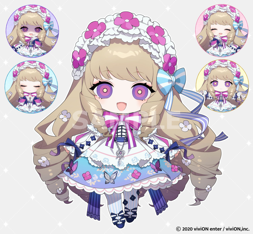 1girl, :d, ^_^, absurdres, black_footwear, blonde_hair, blue_bow, blue_dress