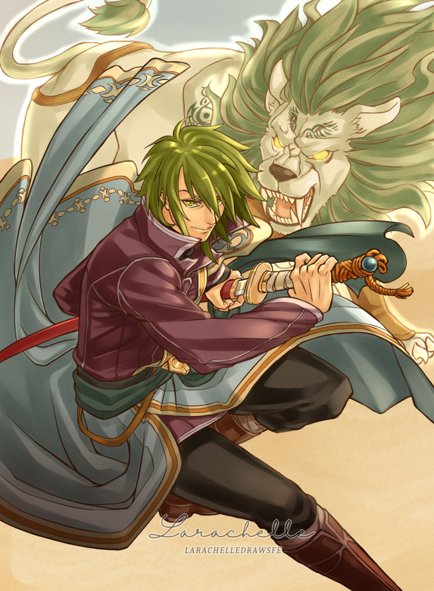 1boy, arm_out_of_sleeve, artist_name, black_pants, boots, coat, fire_emblem, fire_emblem:_path_of_radiance