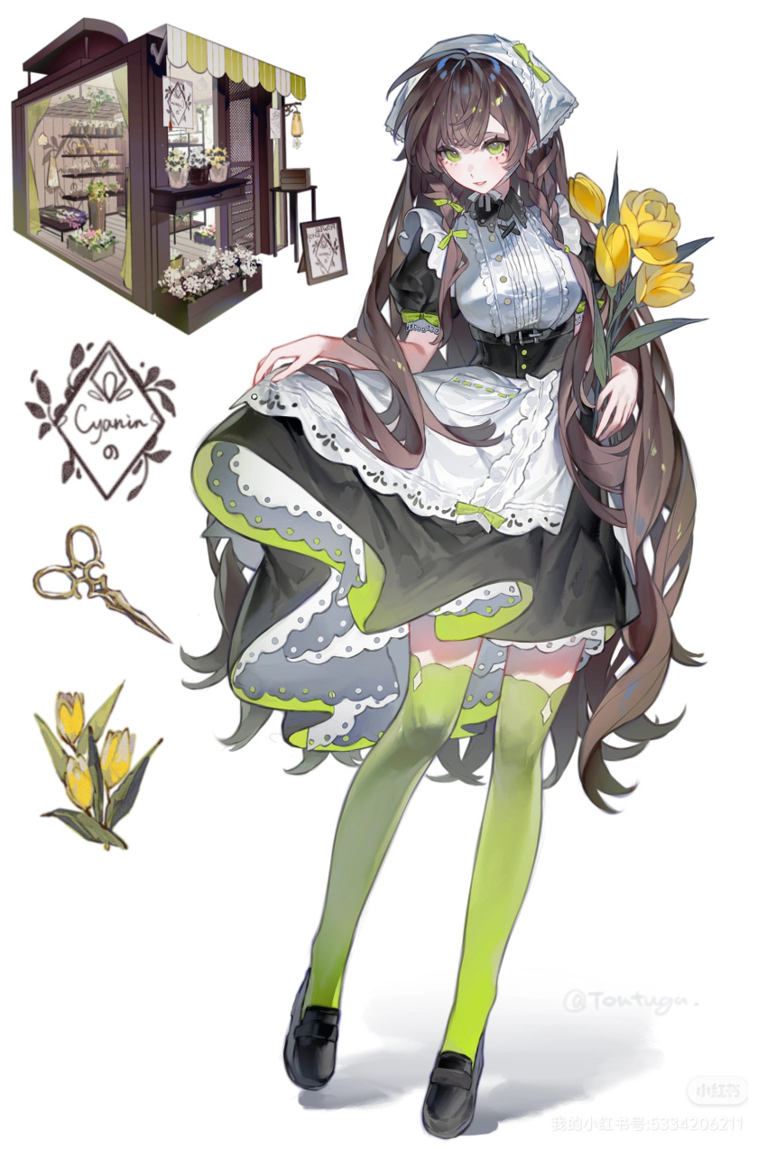 1girl, absurdres, apron, black_footwear, black_skirt, braid, brown_hair, corset