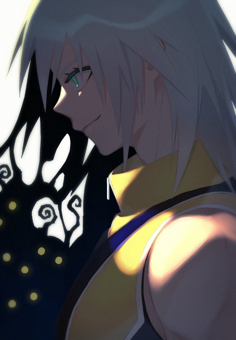 1boy, closed_mouth, collared_shirt, commentary_request, eyelashes, green_eyes, grey_hair, heartless_(kingdom_hearts)