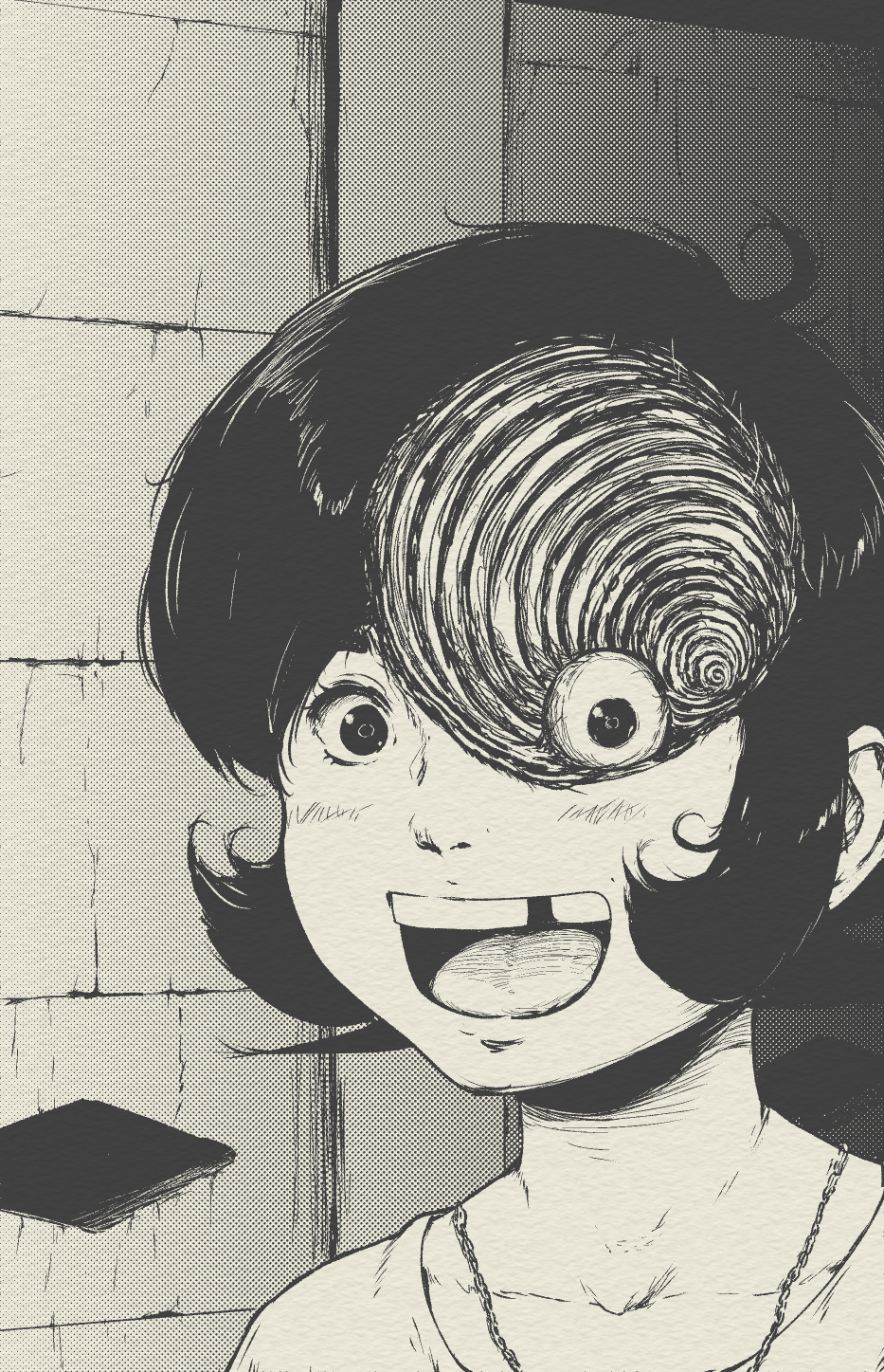 1girl, commentary, english_commentary, greyscale, highres, holly_(tyrone), jewelry, meme
