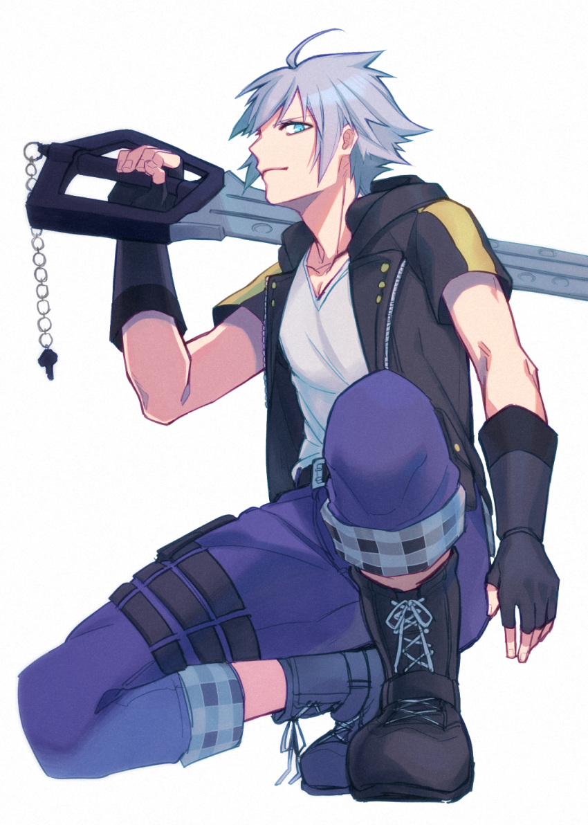 1boy, aqua_eyes, arm_up, belt, black_belt, black_footwear, black_gloves, black_jacket